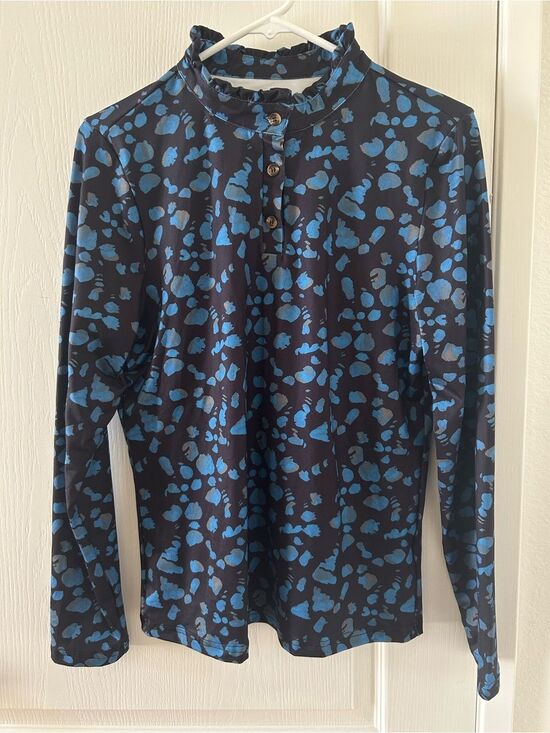 Unbranded Tops - Blue & Black Abstract Leopard Animal Print Ruffle Mock Neck Long Sleeve Top